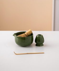 Green Ceramic Matcha Bowl Set with Spout, Bamboo Whisk & Holder, 450ml Starter Kit