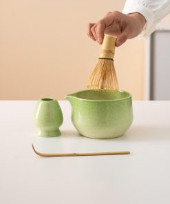 Green Ceramic Matcha Bowl Set with Spout, Bamboo Whisk & Holder, 450ml Starter Kit