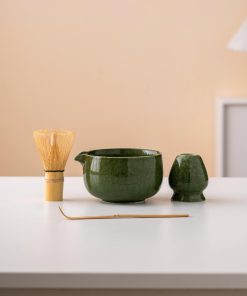 Green Ceramic Matcha Bowl Set with Spout, Bamboo Whisk & Holder, 450ml Starter Kit
