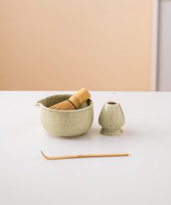 Green Ceramic Matcha Bowl Set with Spout, Bamboo Whisk & Holder, 450ml Starter Kit