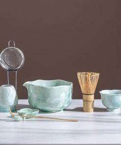 Green Crystalline Ceramic Matcha Bowl Set with Bamboo Whisk, 600ml Starter Kit