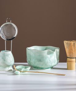 Green Crystalline Ceramic Matcha Bowl Set with Bamboo Whisk, 600ml Starter Kit