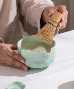 Green Crystalline Ceramic Matcha Bowl Set with Bamboo Whisk, 600ml Starter Kit
