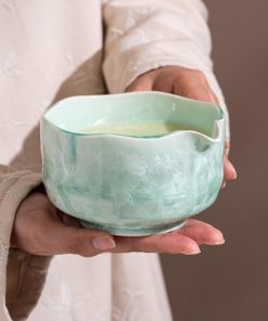 Green Crystalline Ceramic Matcha Bowl Set with Bamboo Whisk, 600ml Starter Kit