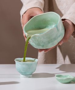 Green Crystalline Ceramic Matcha Bowl Set with Bamboo Whisk, 600ml Starter Kit