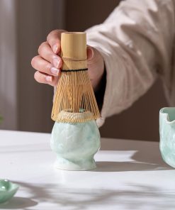 Green Crystalline Ceramic Matcha Bowl Set with Bamboo Whisk, 600ml Starter Kit