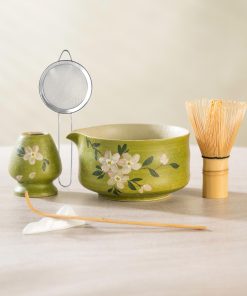 Green Floral Hand-painted Ceramic Matcha Bowl Set, 500ml Starter Kit