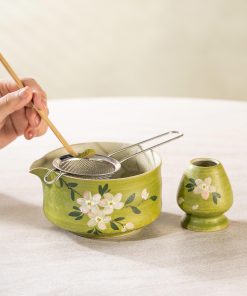 Green Floral Hand-painted Ceramic Matcha Bowl Set, 500ml Starter Kit