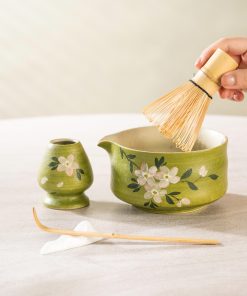 Green Floral Hand-painted Ceramic Matcha Bowl Set, 500ml Starter Kit
