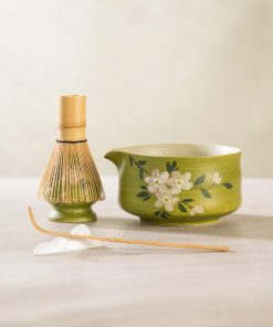 Green Floral Hand-painted Ceramic Matcha Bowl Set, 500ml Starter Kit