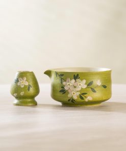 Green Floral Hand-painted Ceramic Matcha Bowl Set, 500ml Starter Kit