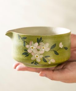 Green Floral Hand-painted Ceramic Matcha Bowl Set, 500ml Starter Kit