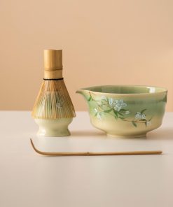 Green Floral Hand-painted Ceramic Matcha Bowl Set with Bamboo Whisk & Holder, 450ml Starter Kit