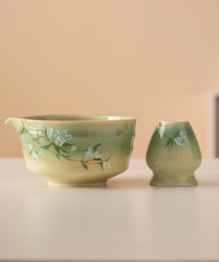 Green Floral Hand-painted Ceramic Matcha Bowl Set with Bamboo Whisk & Holder, 450ml Starter Kit