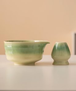 Green Floral Hand-painted Ceramic Matcha Bowl Set with Bamboo Whisk & Holder, 450ml Starter Kit