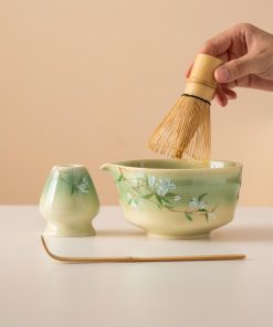 Green Floral Hand-painted Ceramic Matcha Bowl Set with Bamboo Whisk & Holder, 450ml Starter Kit
