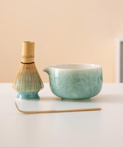 Green Flower Ceramic Matcha Bowl Set with Spout, Bamboo Whisk & Holder, 450ml Gift Kit