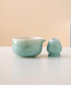 Green Flower Ceramic Matcha Bowl Set with Spout, Bamboo Whisk & Holder, 450ml Gift Kit