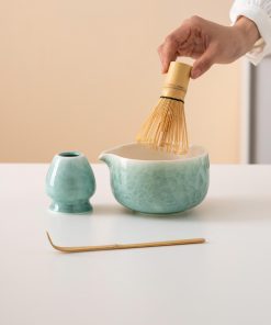Green Flower Ceramic Matcha Bowl Set with Spout, Bamboo Whisk & Holder, 450ml Gift Kit