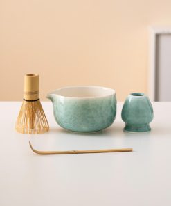 Green Flower Ceramic Matcha Bowl Set with Spout, Bamboo Whisk & Holder, 450ml Gift Kit
