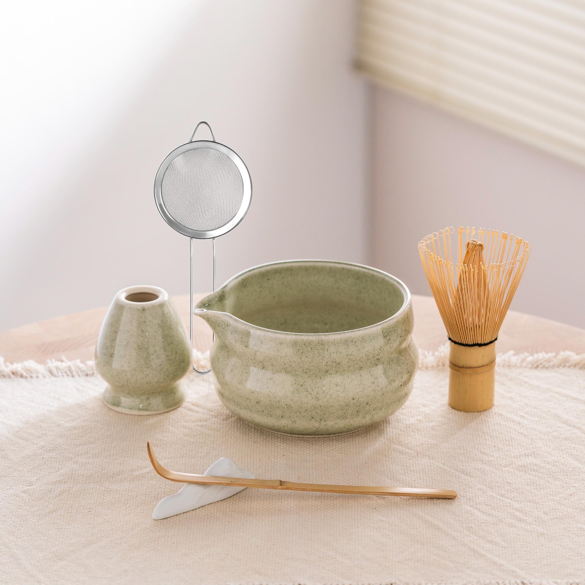 Green Sage Ceramic Matcha Bowl Set with Bamboo Whisk, 500ml Gift Kit