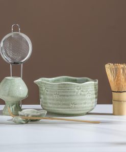 Green Sage Floral Ceramic Matcha Bowl Set with Bamboo Whisk, 450ml Gift Kit