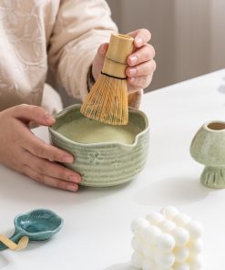 Green Sage Floral Ceramic Matcha Bowl Set with Bamboo Whisk, 450ml Gift Kit