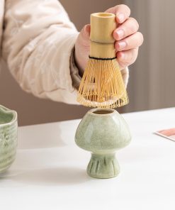 Green Sage Floral Ceramic Matcha Bowl Set with Bamboo Whisk, 450ml Gift Kit