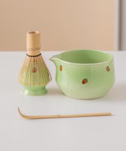 Green Strawberry Hand-painted Ceramic Matcha Bowl Set with Spout, Bamboo Whisk & Holder, 450ml Starter Kit