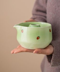 Green Strawberry Hand-painted Ceramic Matcha Bowl Set with Spout, Bamboo Whisk & Holder, 450ml Starter Kit