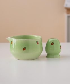 Green Strawberry Hand-painted Ceramic Matcha Bowl Set with Spout, Bamboo Whisk & Holder, 450ml Starter Kit