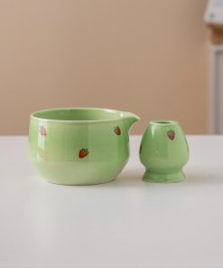 Green Strawberry Hand-painted Ceramic Matcha Bowl Set with Spout, Bamboo Whisk & Holder, 450ml Starter Kit