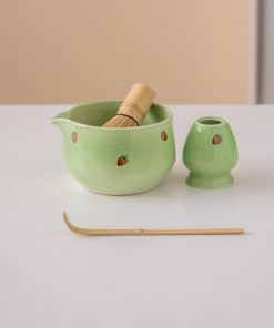 Green Strawberry Hand-painted Ceramic Matcha Bowl Set with Spout, Bamboo Whisk & Holder, 450ml Starter Kit