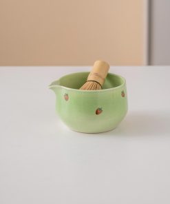 Green Strawberry Hand-painted Ceramic Matcha Bowl Set with Spout, Bamboo Whisk & Holder, 450ml Starter Kit