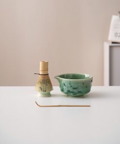 Green White Daisy Ceramic Matcha Bowl Set with Bamboo Whisk & Holder, 450ml Starter Kit