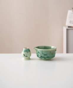 Green White Daisy Ceramic Matcha Bowl Set with Bamboo Whisk & Holder, 450ml Starter Kit