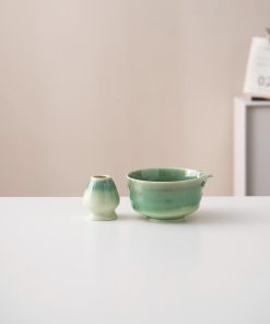 Green White Daisy Ceramic Matcha Bowl Set with Bamboo Whisk & Holder, 450ml Starter Kit