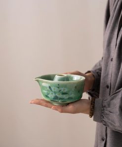 Green White Daisy Ceramic Matcha Bowl Set with Bamboo Whisk & Holder, 450ml Starter Kit