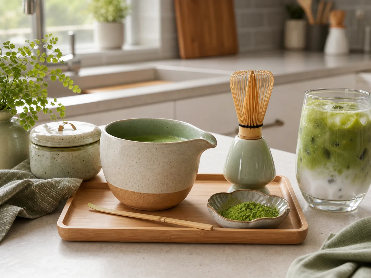 Home matcha bar setup with ceramic bowl, bamboo whisk, tray, and iced matcha latte