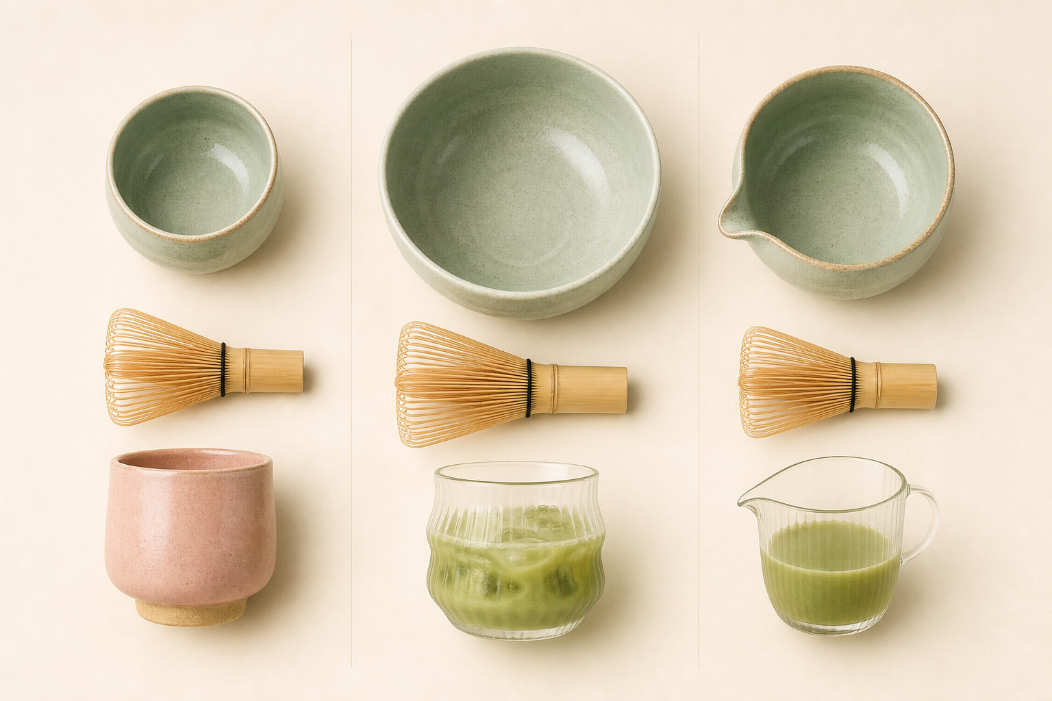 Top-down comparison of regular, wide whisking, and spouted matcha bowl shapes