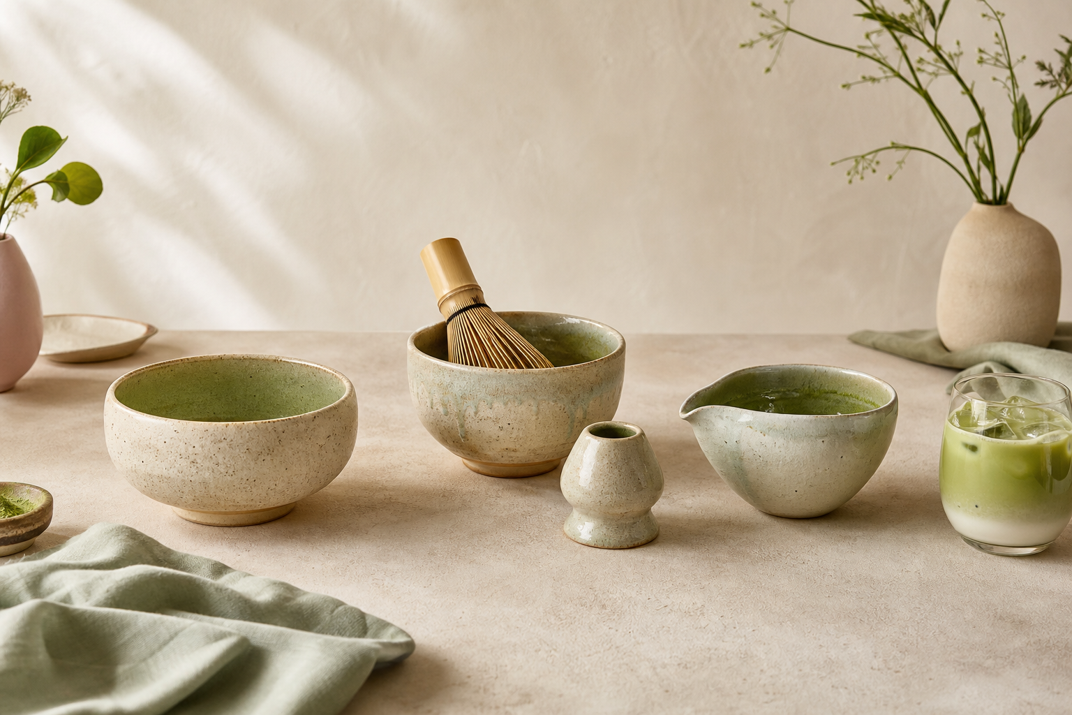 Regular, whisking, and spouted ceramic matcha bowl setups on a warm neutral counter