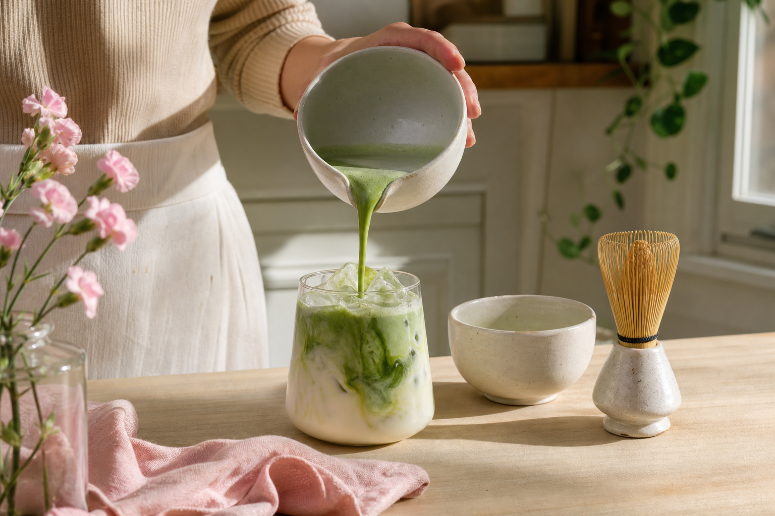 Spouted ceramic matcha bowl pouring whisked matcha into an iced latte glass