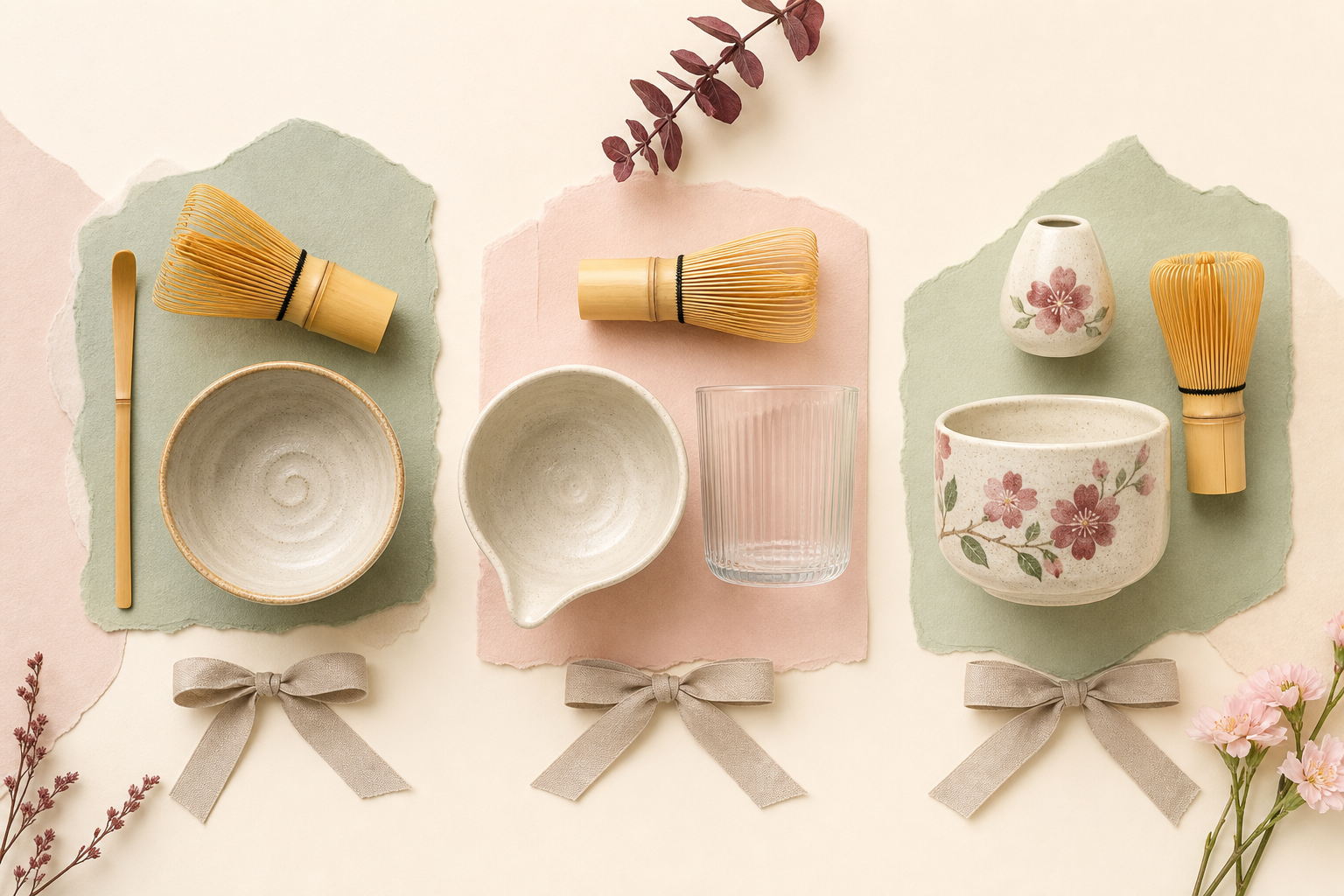 Top-down matcha gift set comparison organized by recipient routine