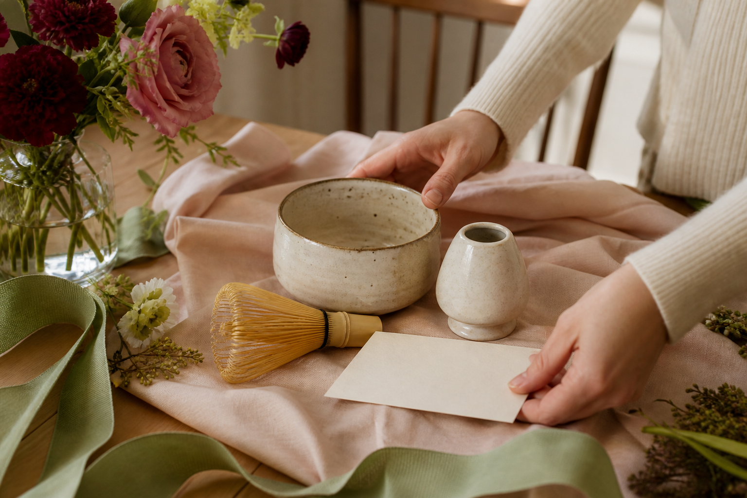 Hands arranging a thoughtful ceramic matcha tool gift with ribbon and blank note card