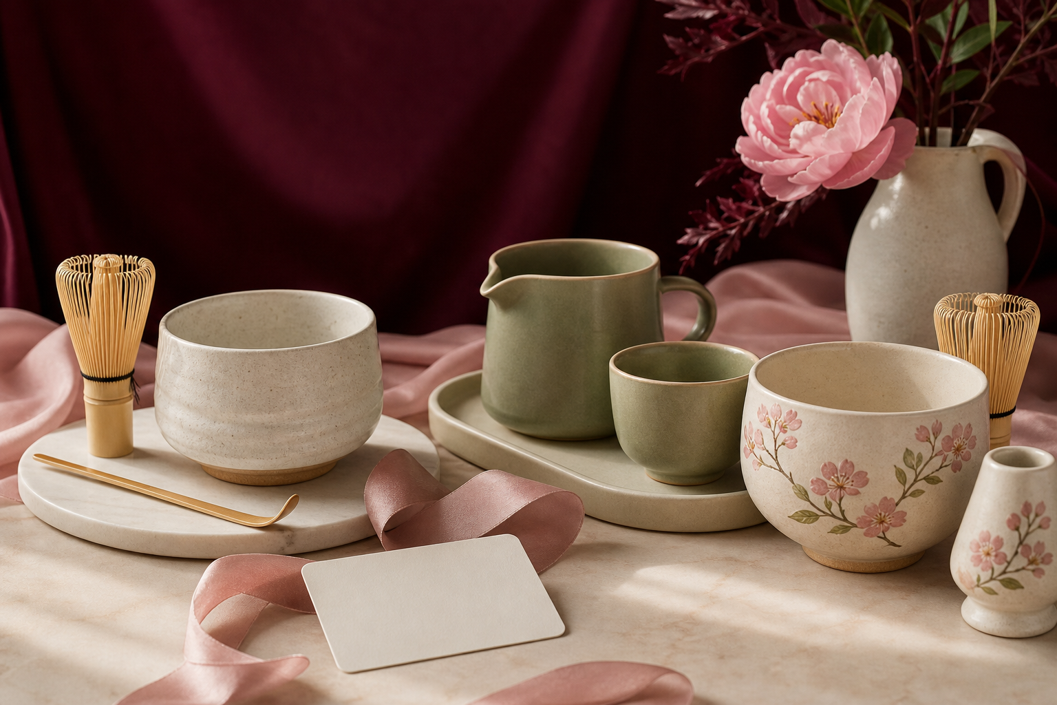 Three coordinated matcha gift directions for beginners, latte makers, and floral-style recipients