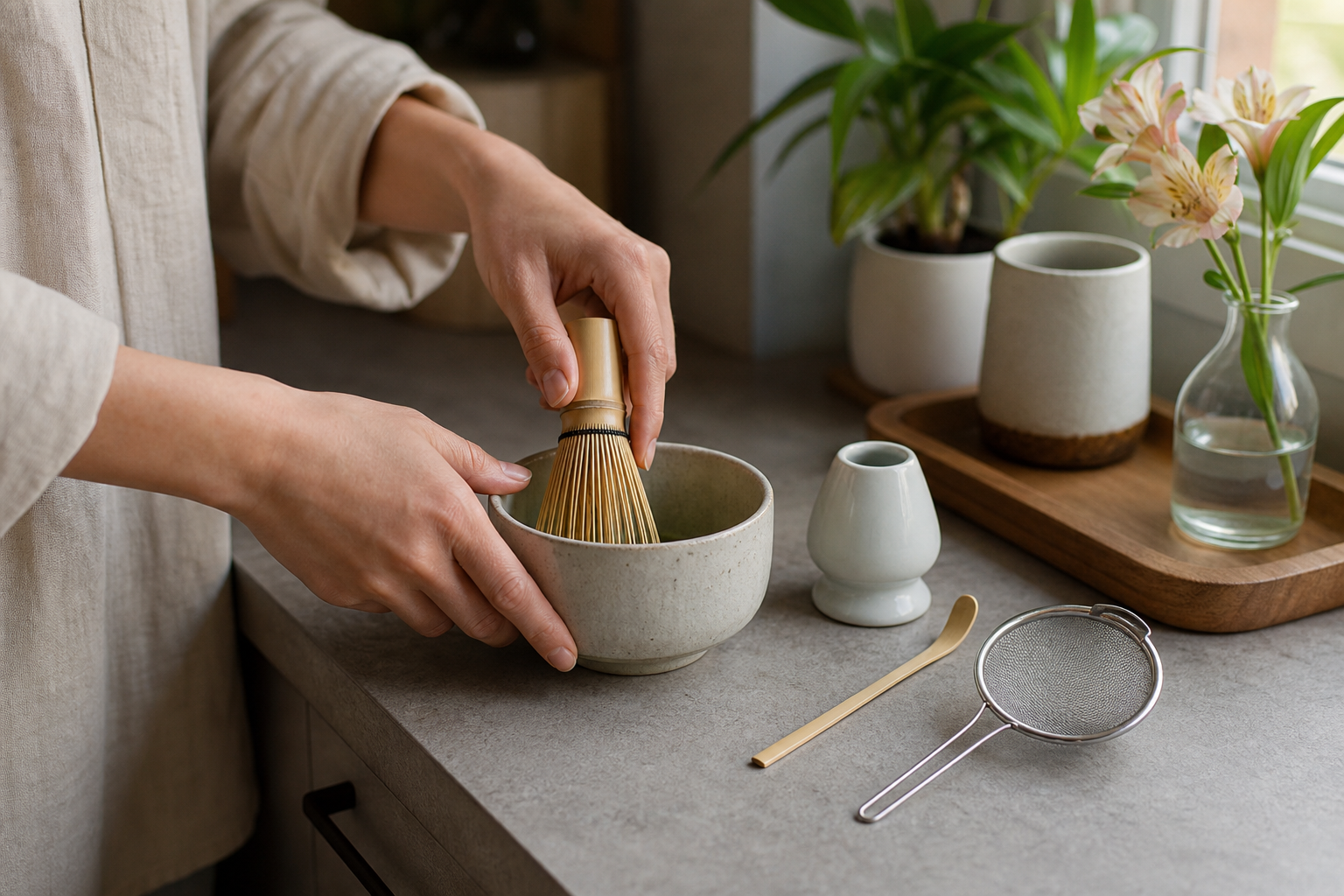 Beginner using a ceramic matcha bowl and bamboo whisk at a compact home counter