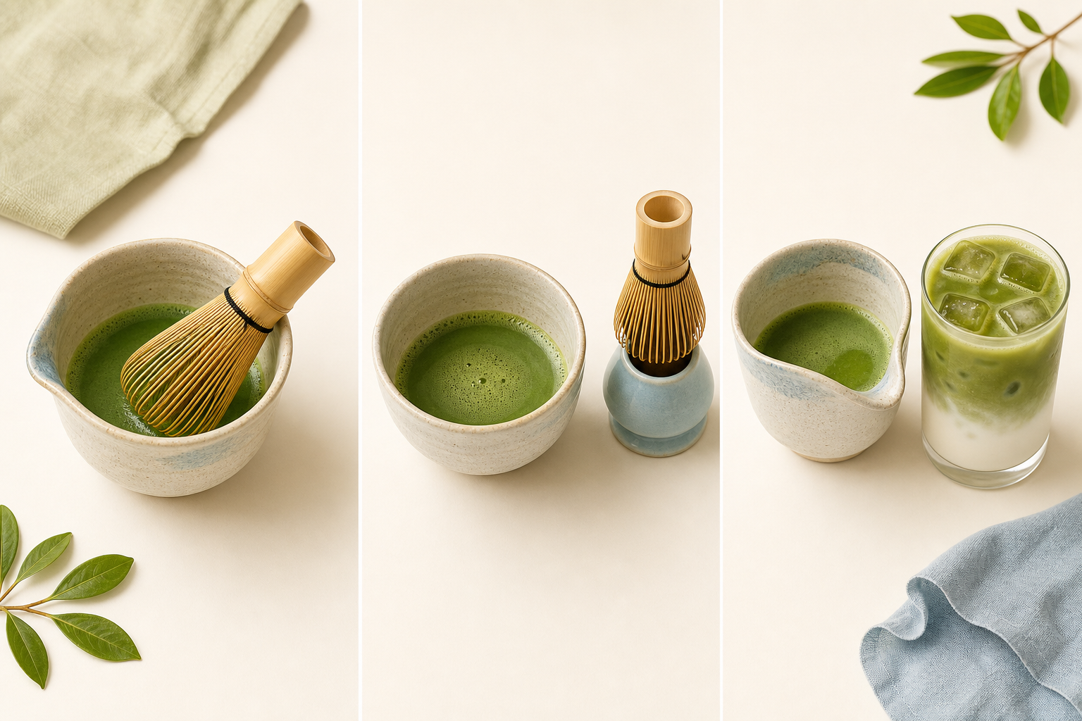 Three-stage matcha starter kit workflow from whisking to holder and latte pouring