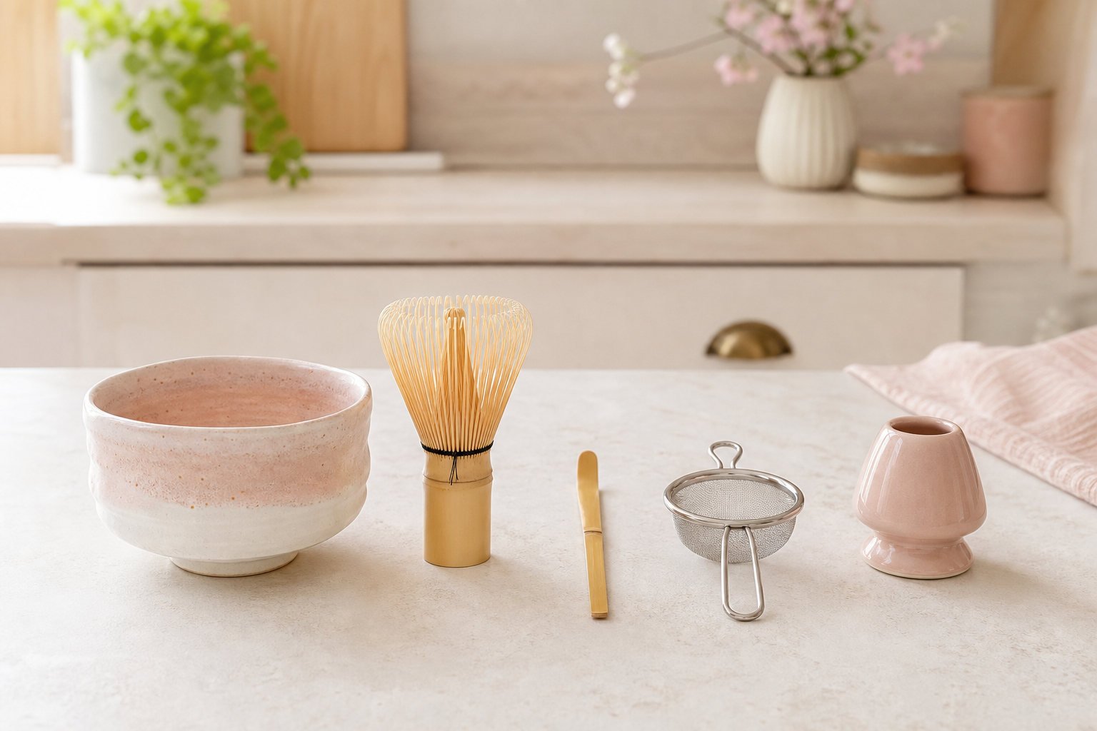 Tool-only beginner matcha starter kit with bowl, whisk, scoop, sifter, and holder