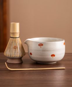 Mushroom Hand-painted Ceramic Matcha Bowl Set with Bamboo Whisk & Holder, 450ml Starter Kit