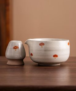 Mushroom Hand-painted Ceramic Matcha Bowl Set with Bamboo Whisk & Holder, 450ml Starter Kit